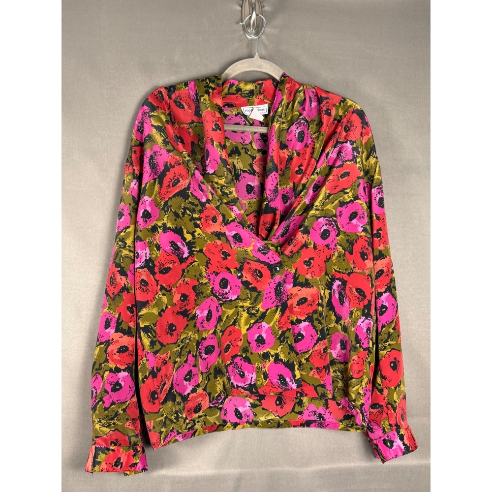 Impressions of California Floral Blouse Womens 12 Pink Red 80s Draped Wrap Top